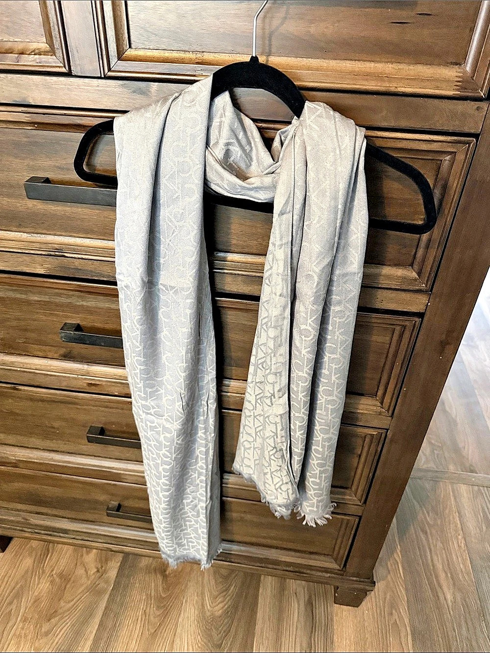 Calvin Klein CK Monogram Jacquard Fringe Scarf Gray